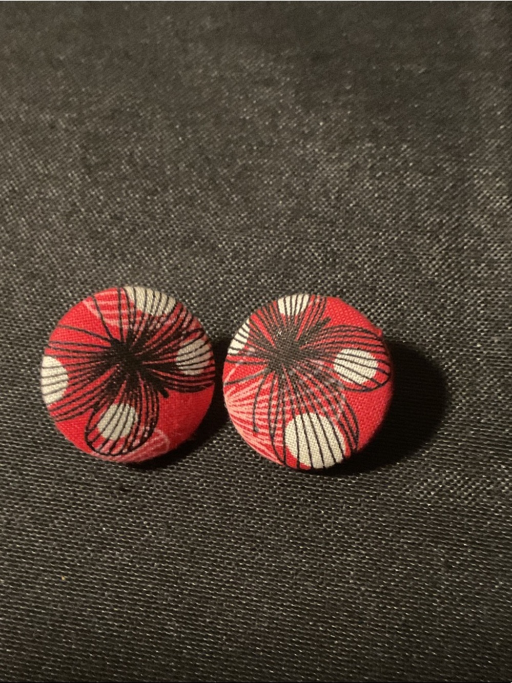 Red Floral Fabric Button Earrings
